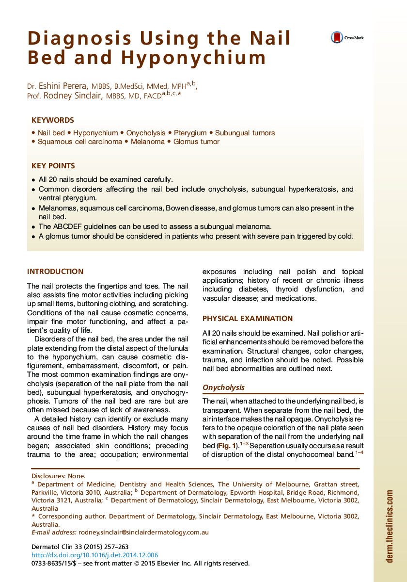 Diagnosis Using the Nail Bed and Hyponychium