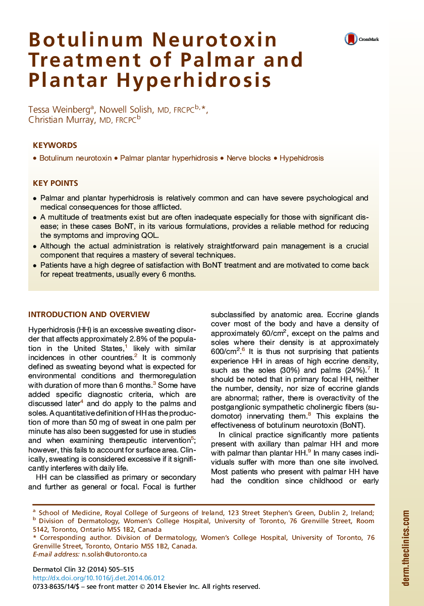 Botulinum Neurotoxin Treatment of Palmar and Plantar Hyperhidrosis