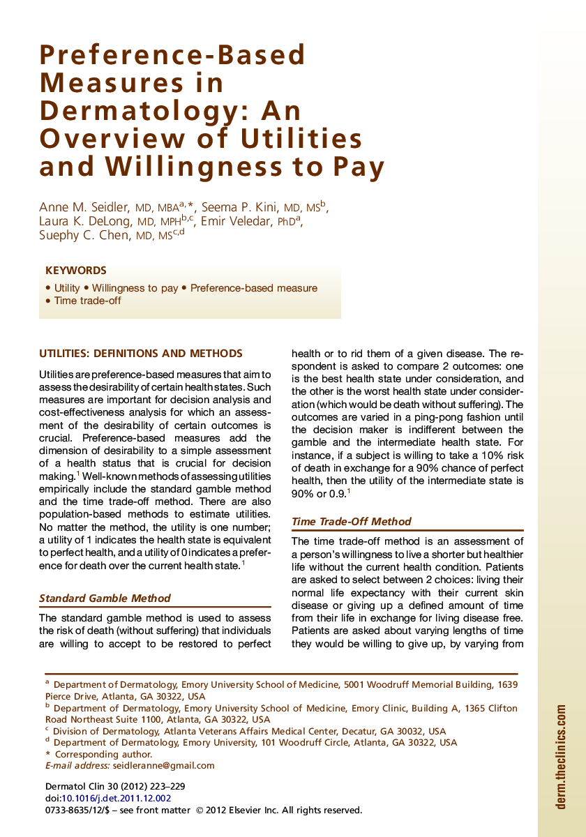 Preference-Based Measures in Dermatology: An Overview of Utilities and Willingness to Pay