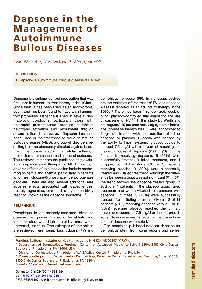 Dapsone in the Management of Autoimmune Bullous Diseases