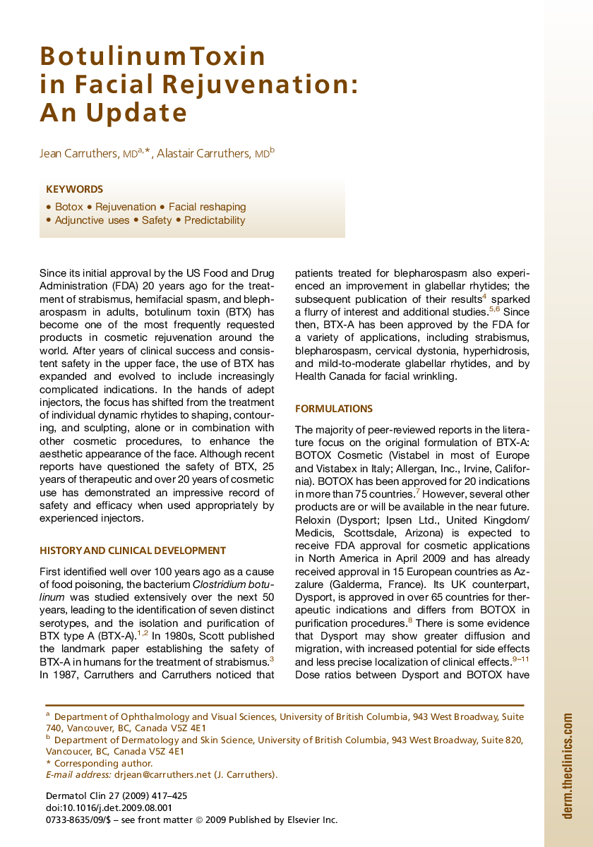 Botulinum Toxin in Facial Rejuvenation: An Update