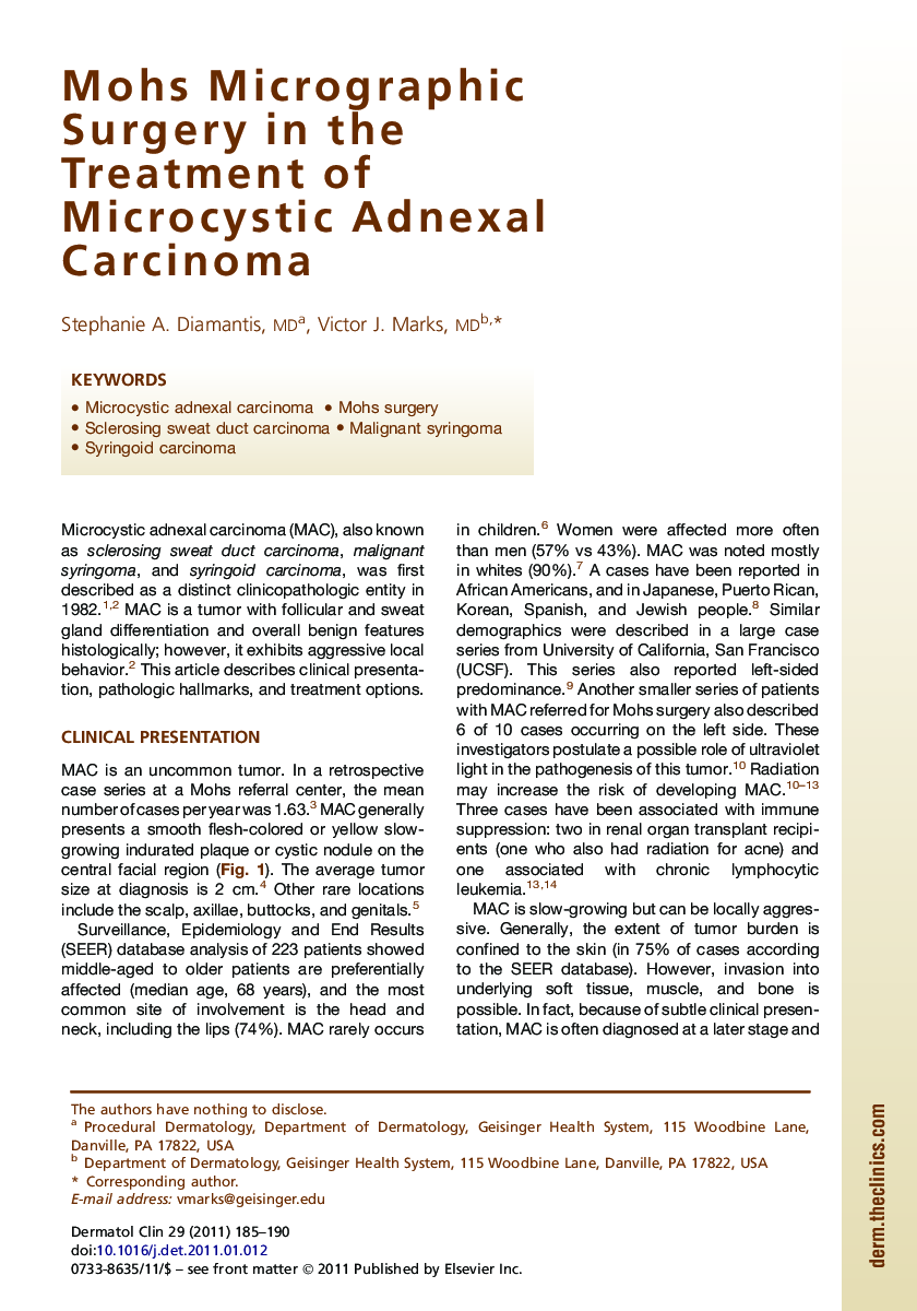 Mohs Micrographic Surgery in the Treatment of Microcystic Adnexal Carcinoma