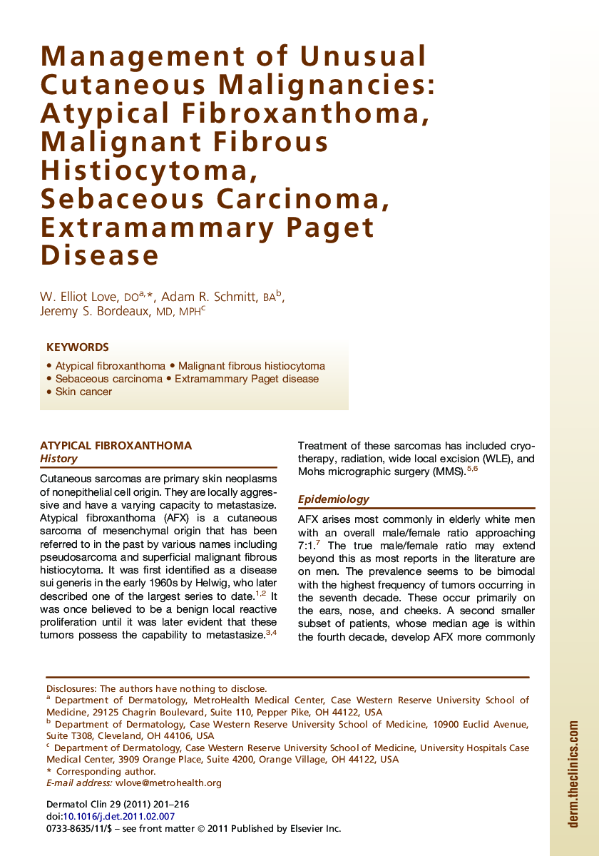 Management of Unusual Cutaneous Malignancies: Atypical Fibroxanthoma, Malignant Fibrous Histiocytoma, Sebaceous Carcinoma, Extramammary Paget Disease