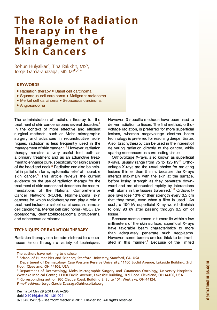 The Role of Radiation Therapy in the Management of Skin Cancers