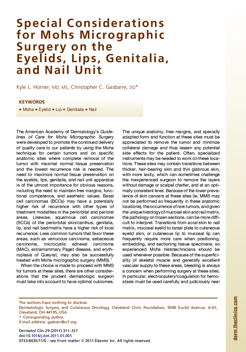 Special Considerations for Mohs Micrographic Surgery on the Eyelids, Lips, Genitalia, and Nail Unit