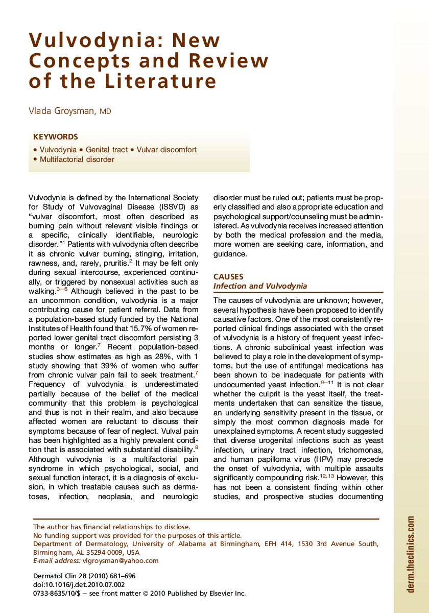 Vulvodynia: New Concepts and Review of the Literature