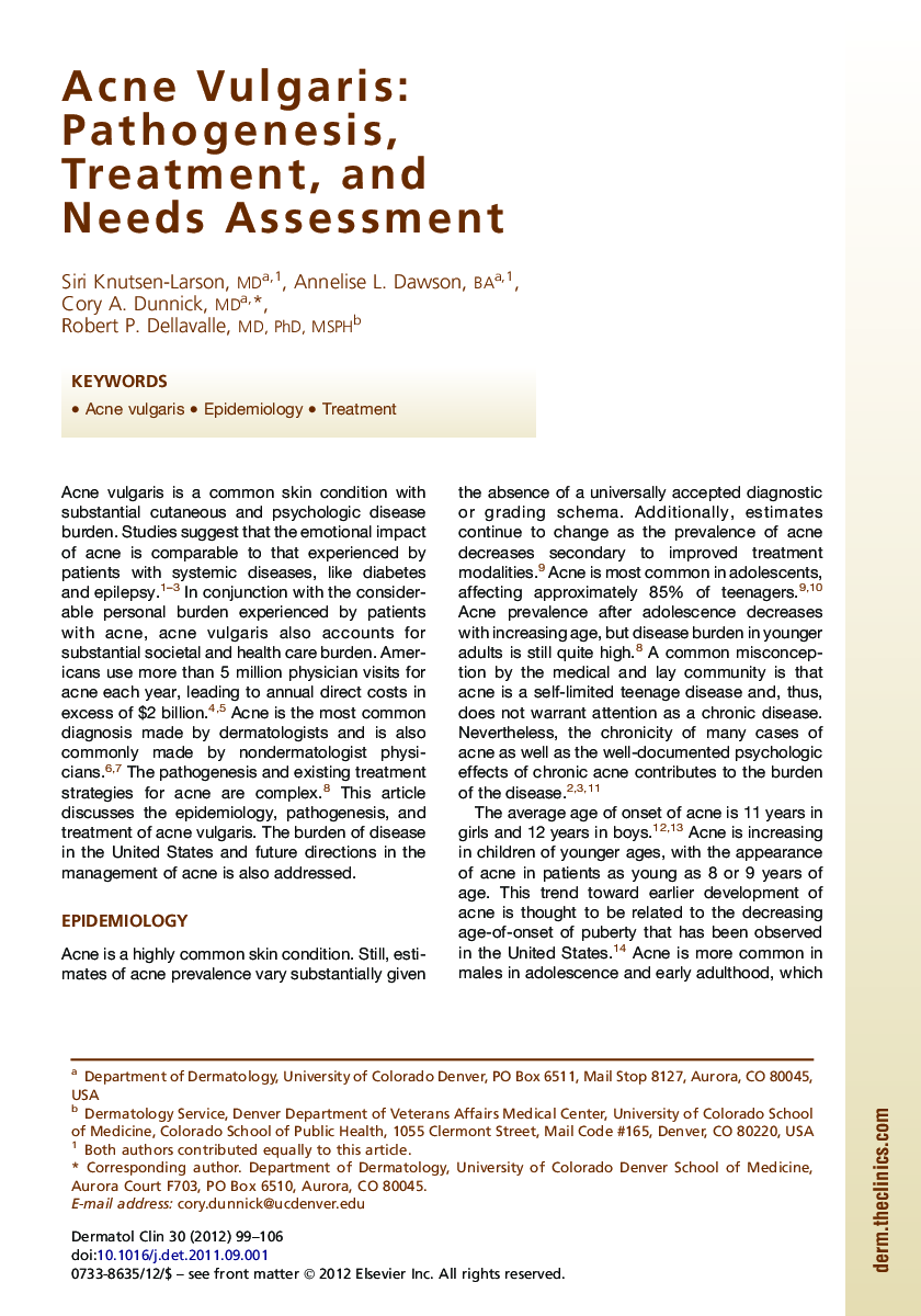 Acne Vulgaris: Pathogenesis, Treatment, and Needs Assessment