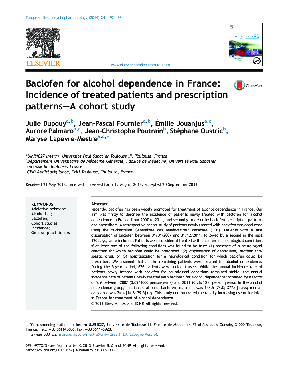 Baclofen for alcohol dependence in France: Incidence of treated patients and prescription patterns—A cohort study