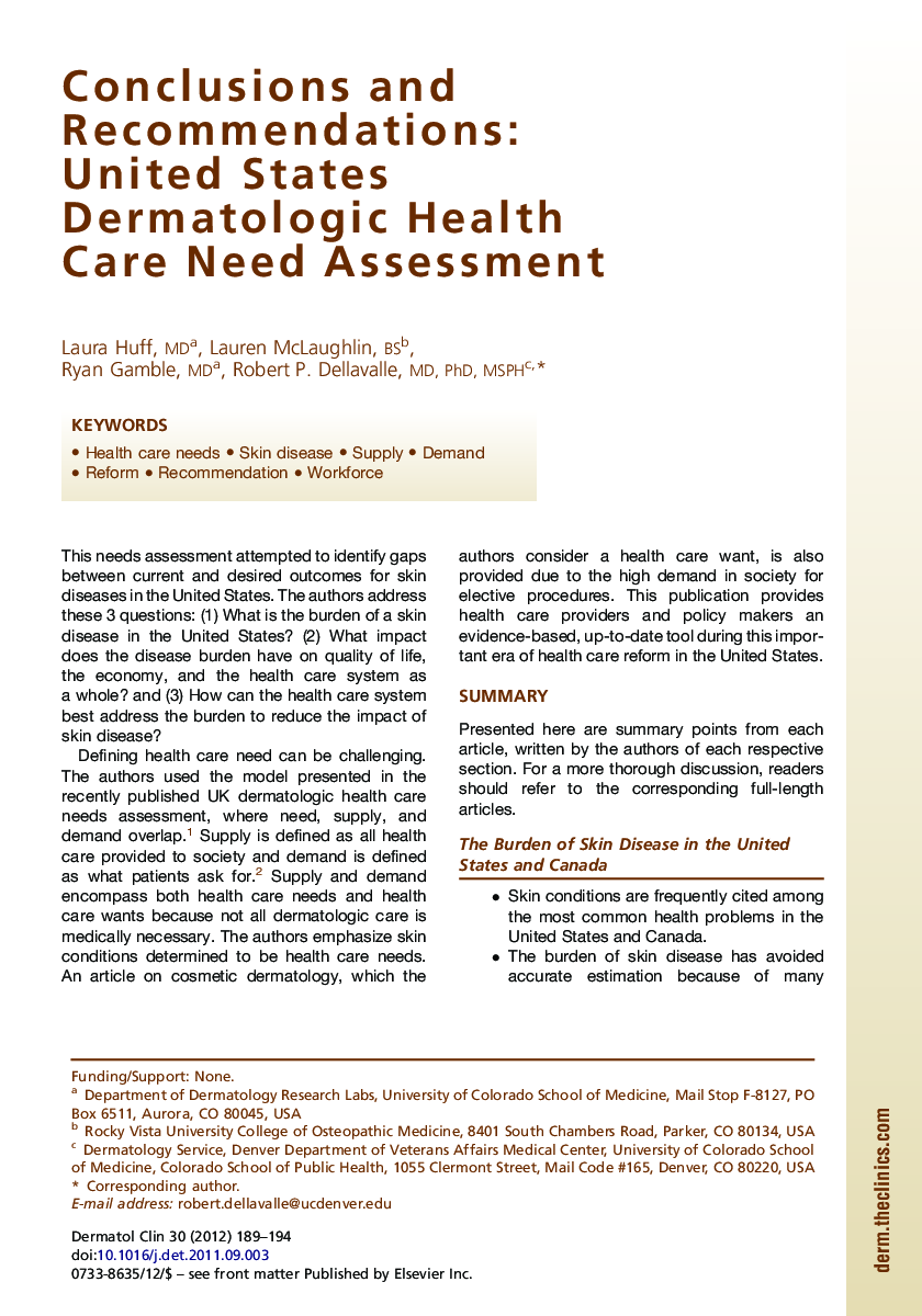 Conclusions and Recommendations: United States Dermatologic Health Care Need Assessment