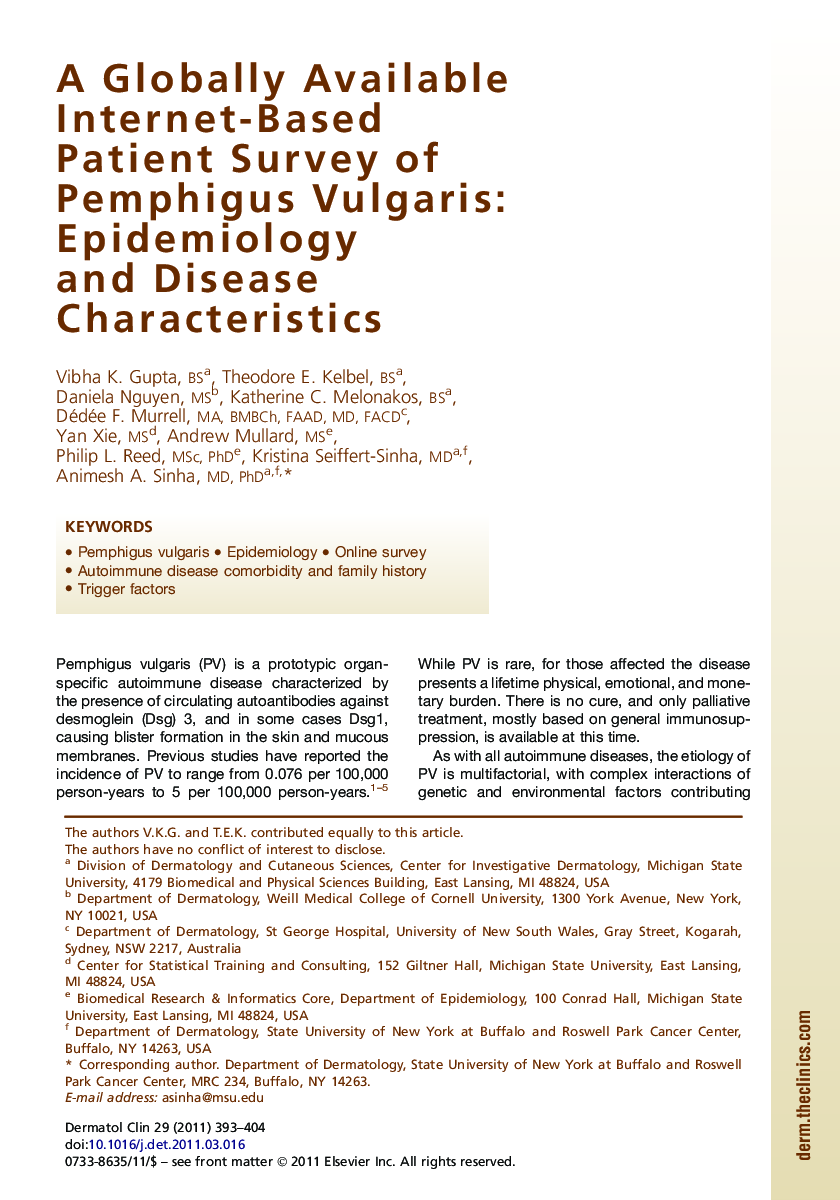 A Globally Available Internet-Based Patient Survey of Pemphigus Vulgaris: Epidemiology and Disease Characteristics