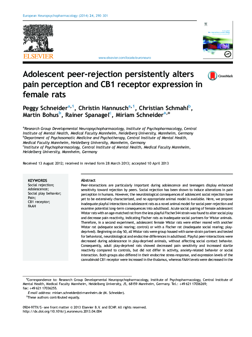 Adolescent peer-rejection persistently alters pain perception and CB1 receptor expression in female rats