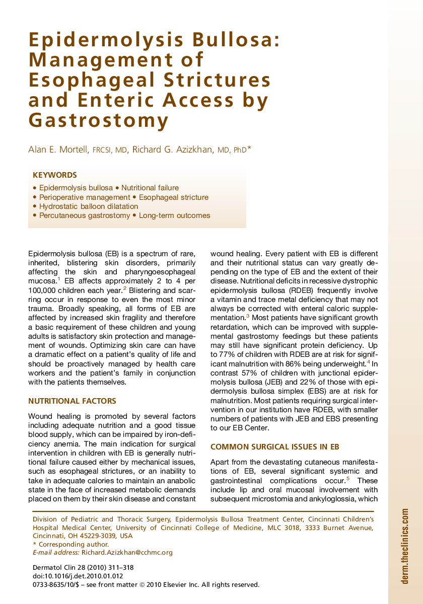 Epidermolysis Bullosa: Management of Esophageal Strictures and Enteric Access by Gastrostomy