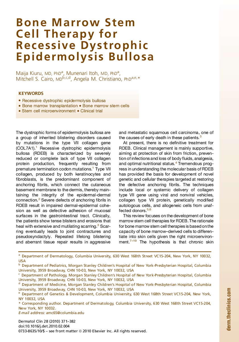 Bone Marrow Stem Cell Therapy for Recessive Dystrophic Epidermolysis Bullosa