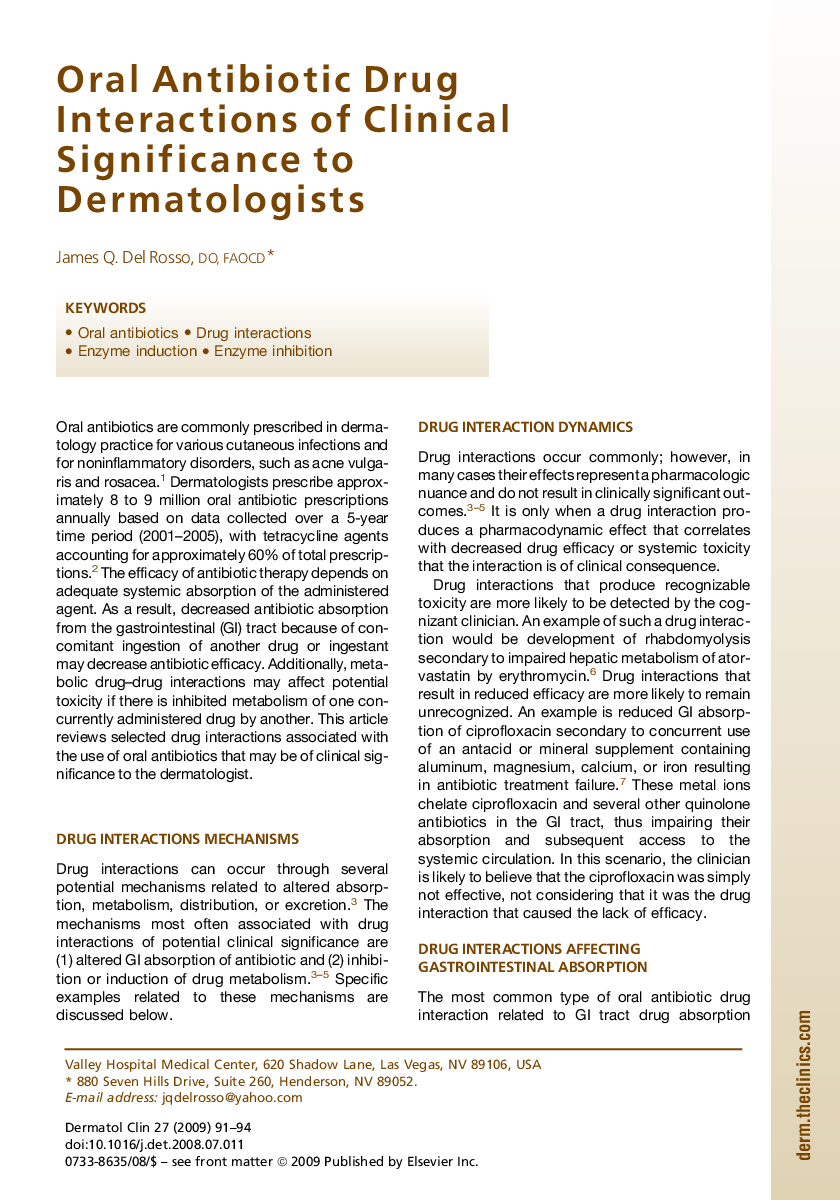 Oral Antibiotic Drug Interactions of Clinical Significance to Dermatologists