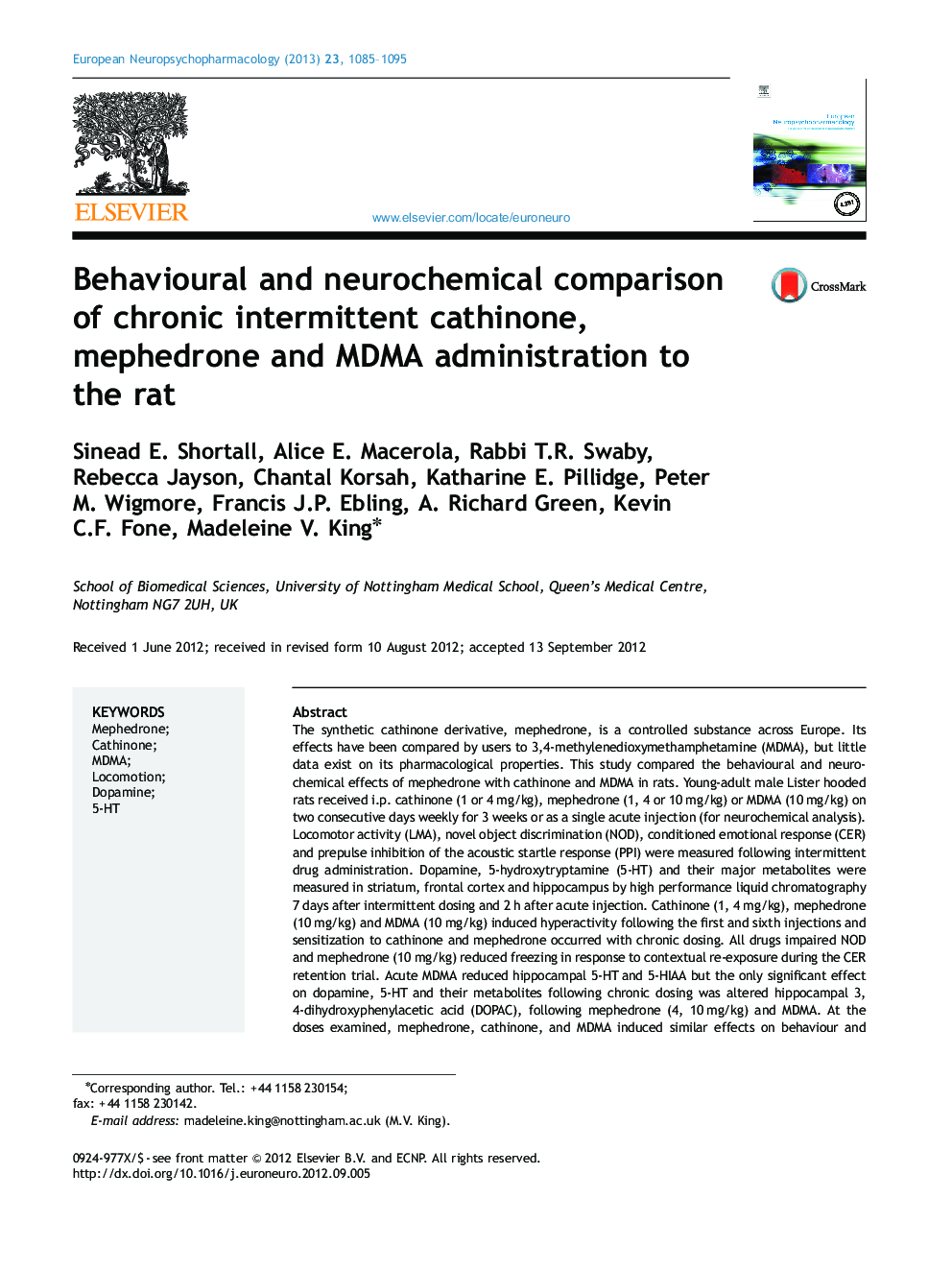 Behavioural and neurochemical comparison of chronic intermittent cathinone, mephedrone and MDMA administration to the rat