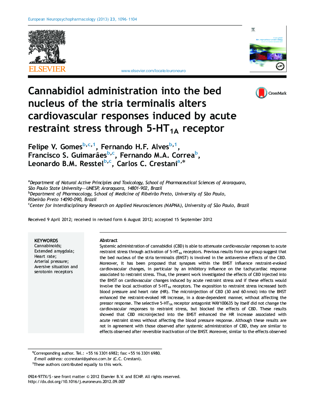 Cannabidiol administration into the bed nucleus of the stria terminalis alters cardiovascular responses induced by acute restraint stress through 5-HT1A receptor