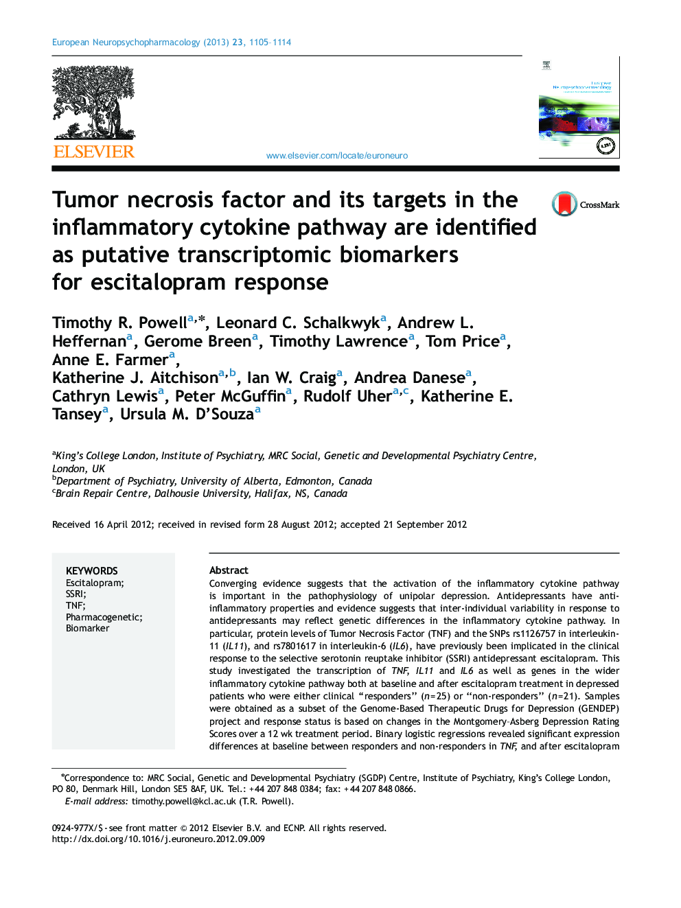 Tumor necrosis factor and its targets in the inflammatory cytokine pathway are identified as putative transcriptomic biomarkers for escitalopram response