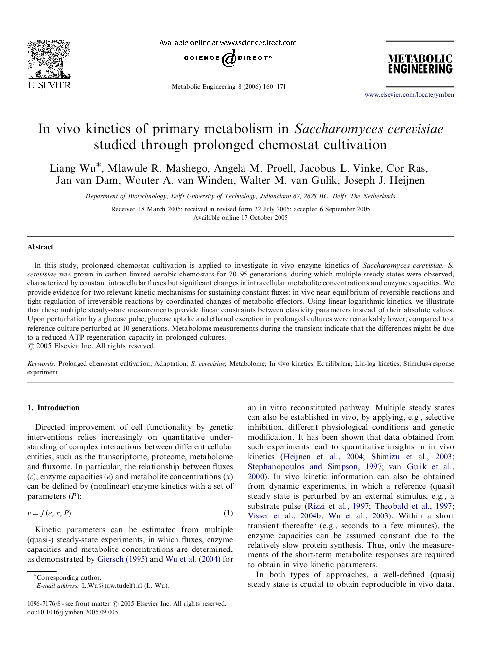 In vivo kinetics of primary metabolism in Saccharomyces cerevisiae studied through prolonged chemostat cultivation