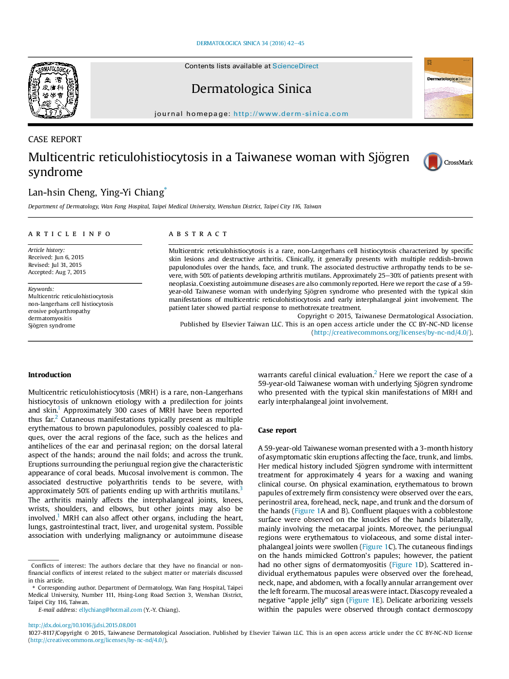 Multicentric reticulohistiocytosis in a Taiwanese woman with Sjögren syndrome 