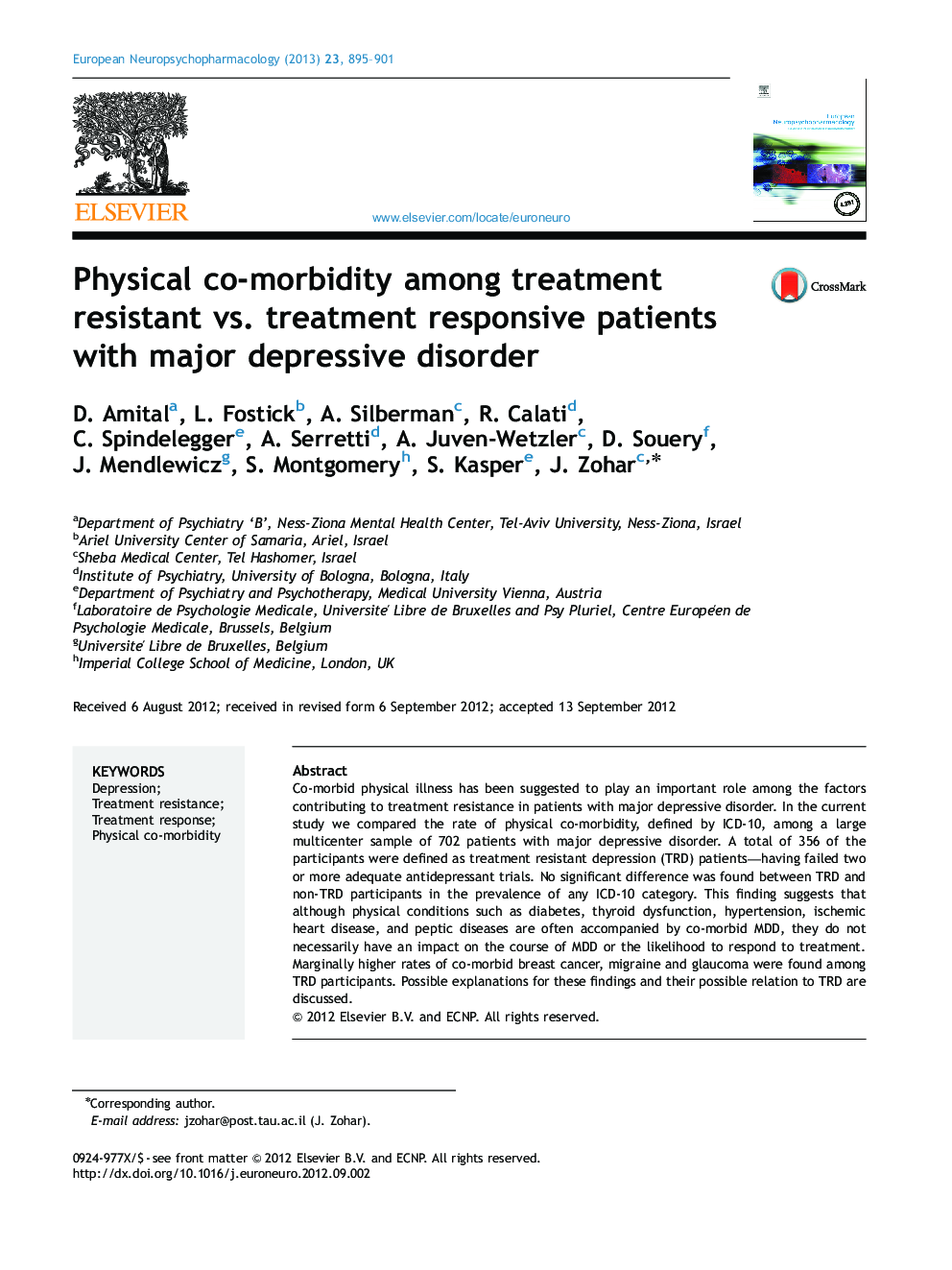 Physical co-morbidity among treatment resistant vs. treatment responsive patients with major depressive disorder