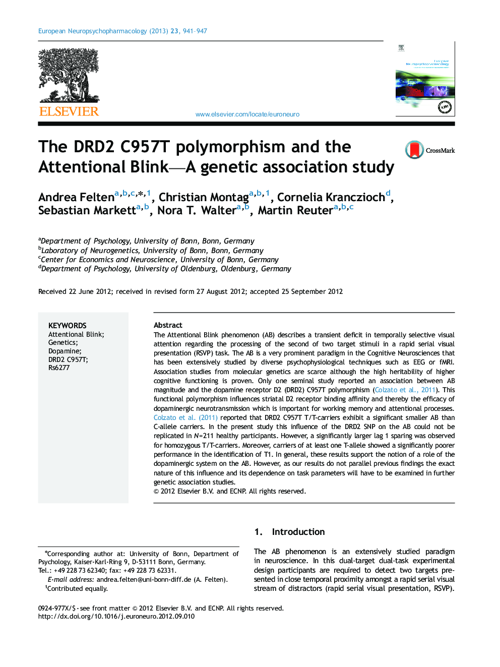 The DRD2 C957T polymorphism and the Attentional Blink—A genetic association study