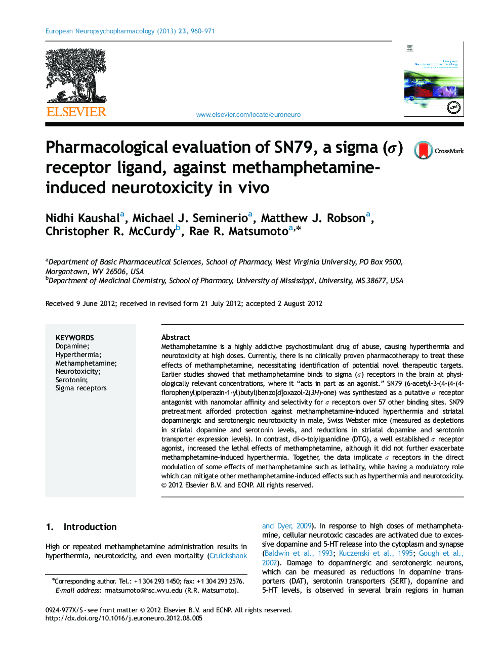 Pharmacological evaluation of SN79, a sigma (σ) receptor ligand, against methamphetamine-induced neurotoxicity in vivo