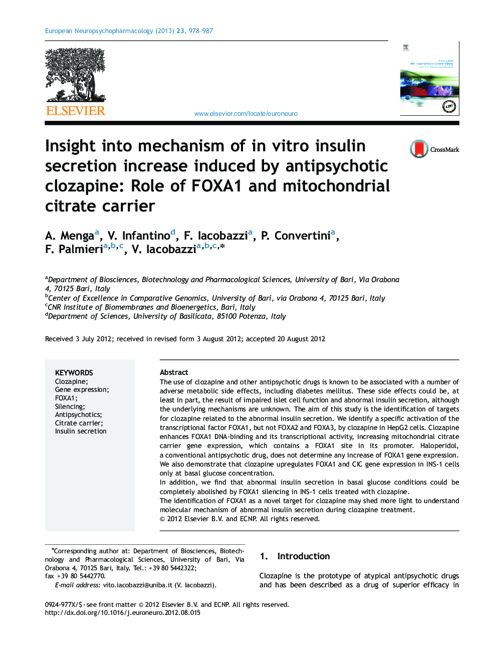 Insight into mechanism of in vitro insulin secretion increase induced by antipsychotic clozapine: Role of FOXA1 and mitochondrial citrate carrier