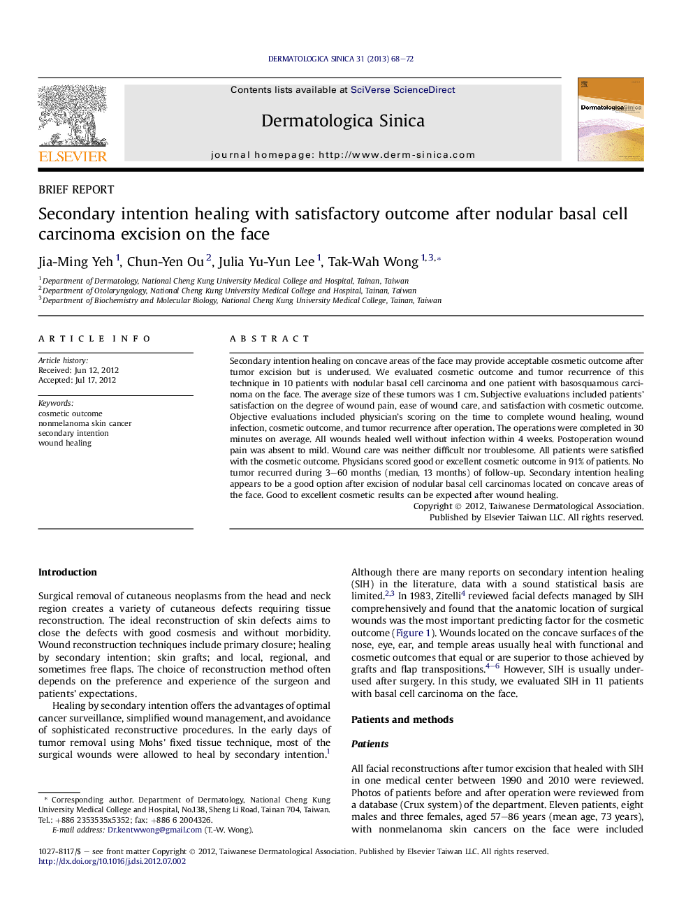 Secondary intention healing with satisfactory outcome after nodular basal cell carcinoma excision on the face