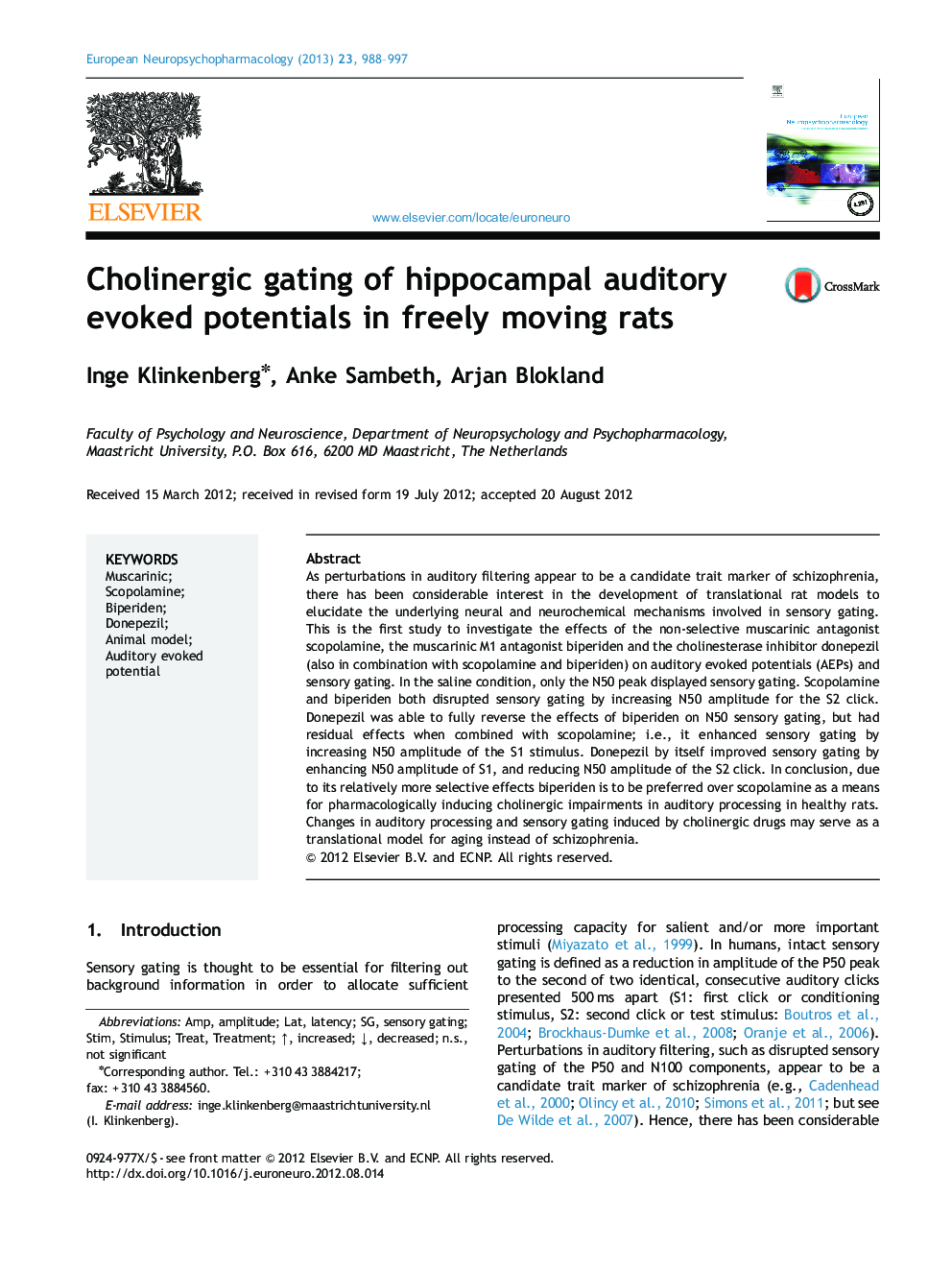 Cholinergic gating of hippocampal auditory evoked potentials in freely moving rats