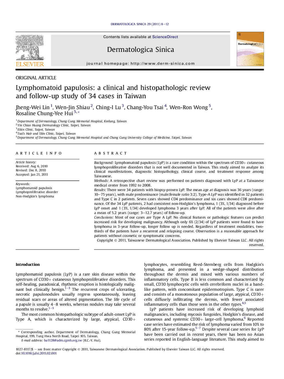 Lymphomatoid papulosis: a clinical and histopathologic review and follow-up study of 34 cases in Taiwan