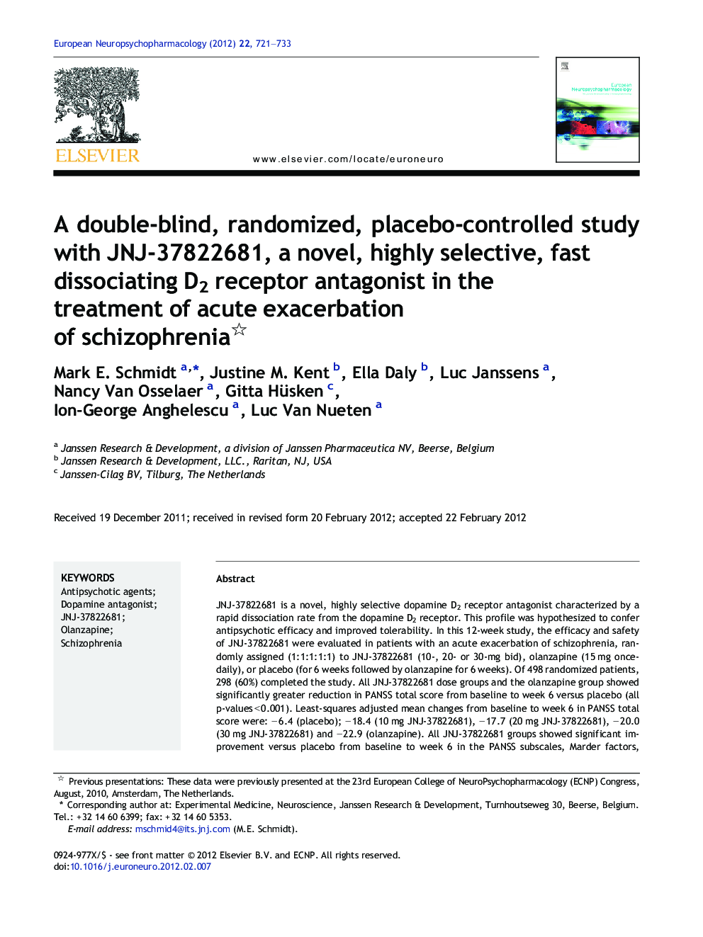 A double-blind, randomized, placebo-controlled study with JNJ-37822681, a novel, highly selective, fast dissociating D2 receptor antagonist in the treatment of acute exacerbation of schizophrenia 