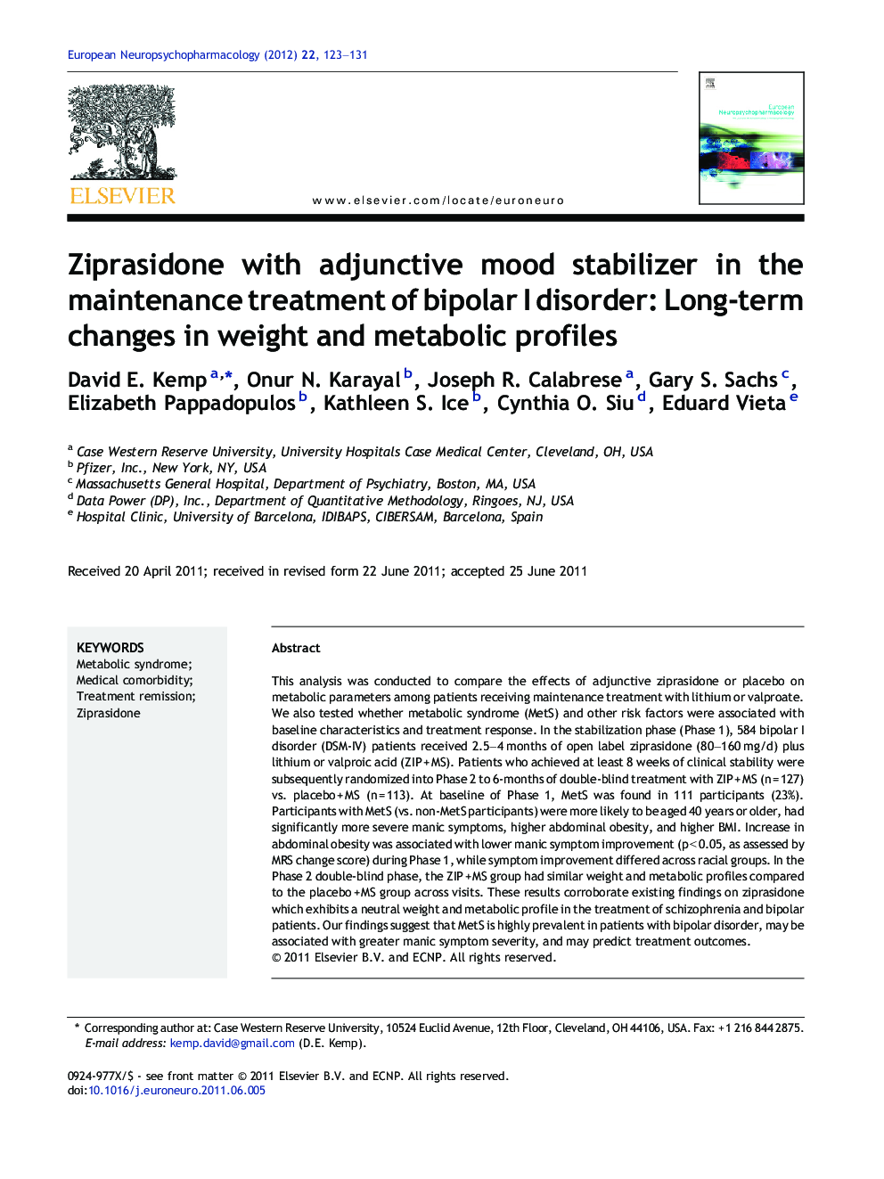 Ziprasidone with adjunctive mood stabilizer in the maintenance treatment of bipolar I disorder: Long-term changes in weight and metabolic profiles
