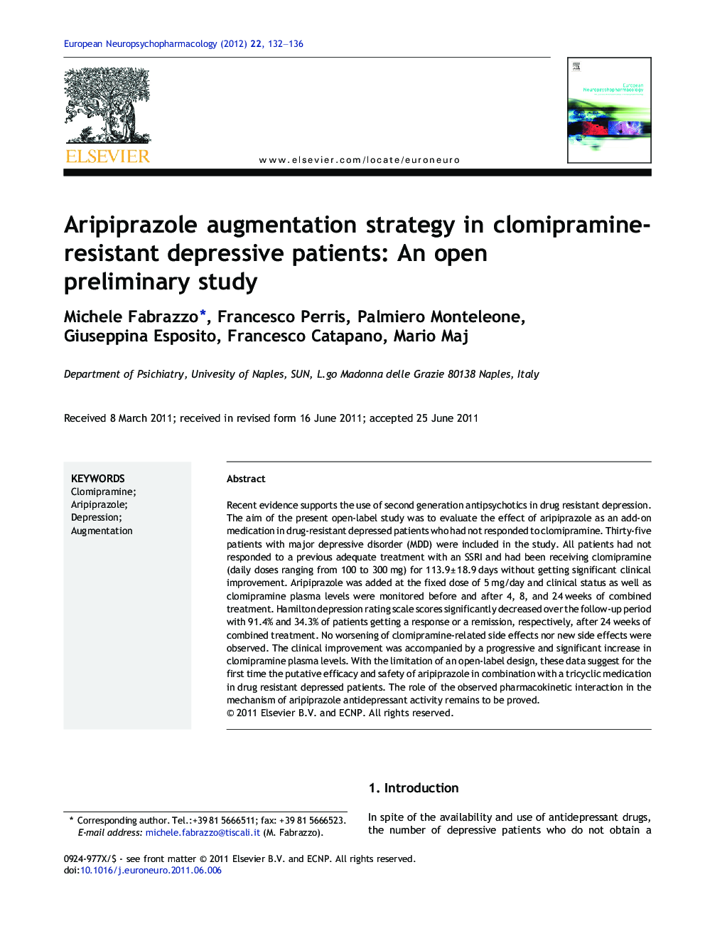 Aripiprazole augmentation strategy in clomipramine-resistant depressive patients: An open preliminary study