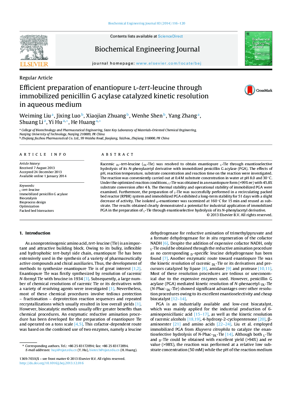 Efficient preparation of enantiopure l-tert-leucine through immobilized penicillin G acylase catalyzed kinetic resolution in aqueous medium