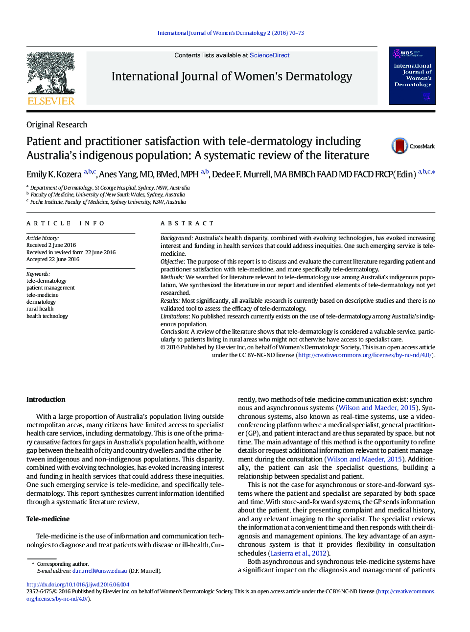 Patient and practitioner satisfaction with tele-dermatology including Australia’s indigenous population: A systematic review of the literature