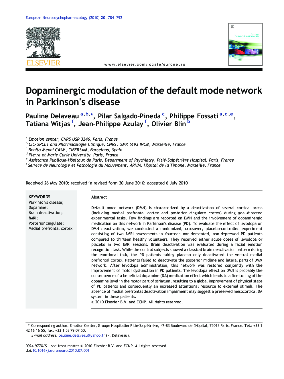 Dopaminergic modulation of the default mode network in Parkinson's disease