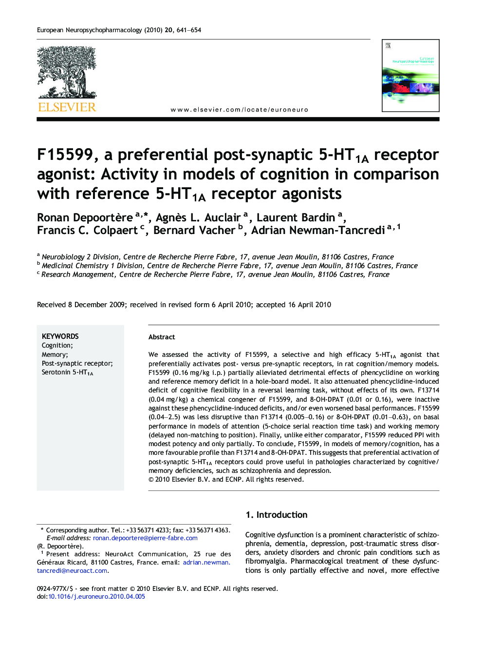F15599, a preferential post-synaptic 5-HT1A receptor agonist: Activity in models of cognition in comparison with reference 5-HT1A receptor agonists