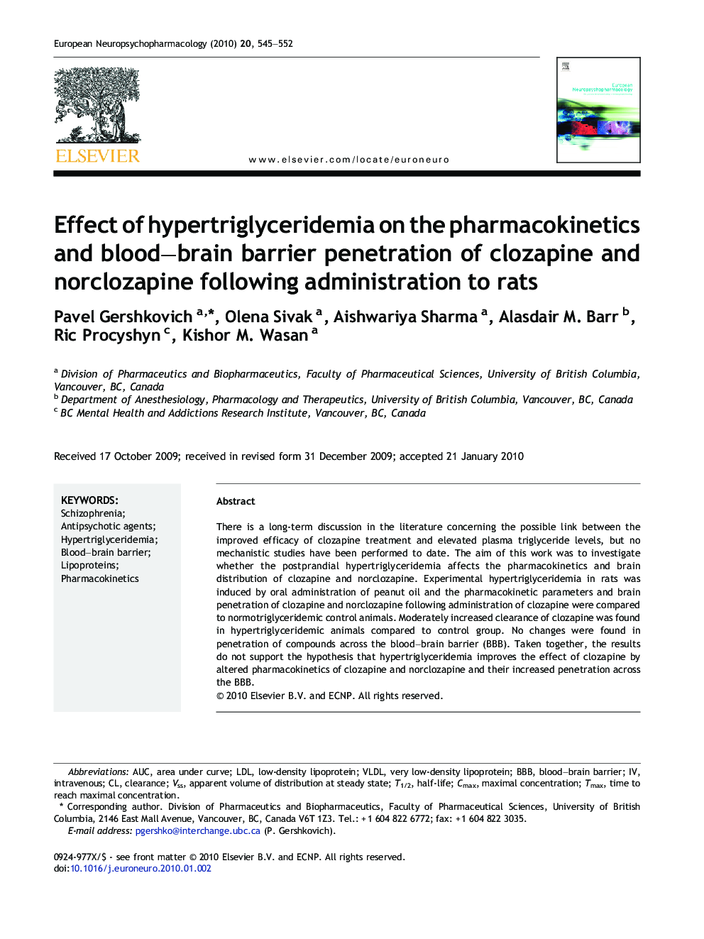 Effect of hypertriglyceridemia on the pharmacokinetics and blood–brain barrier penetration of clozapine and norclozapine following administration to rats