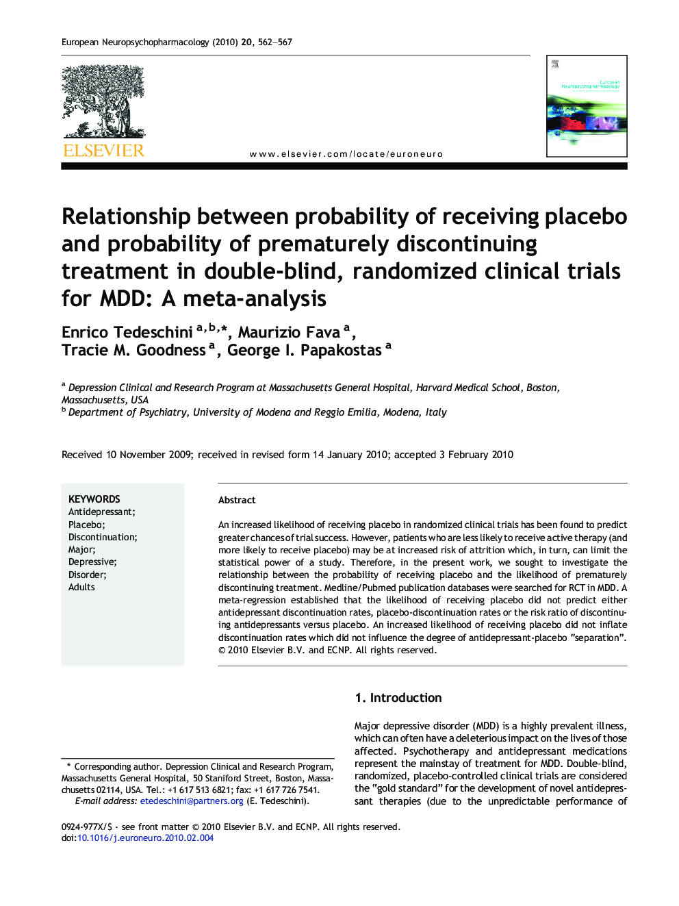 Relationship between probability of receiving placebo and probability of prematurely discontinuing treatment in double-blind, randomized clinical trials for MDD: A meta-analysis