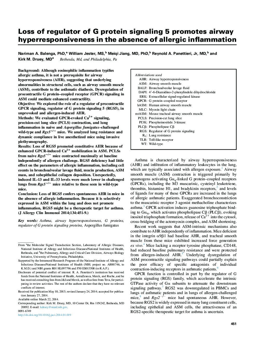 Loss of regulator of G protein signaling 5 promotes airway hyperresponsiveness in the absence of allergic inflammation