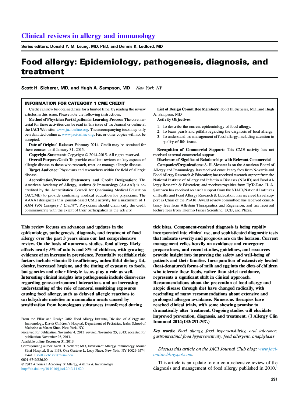آلرژی غذایی: اپیدمیولوژی، پاتوژنز، تشخیص و درمان 
