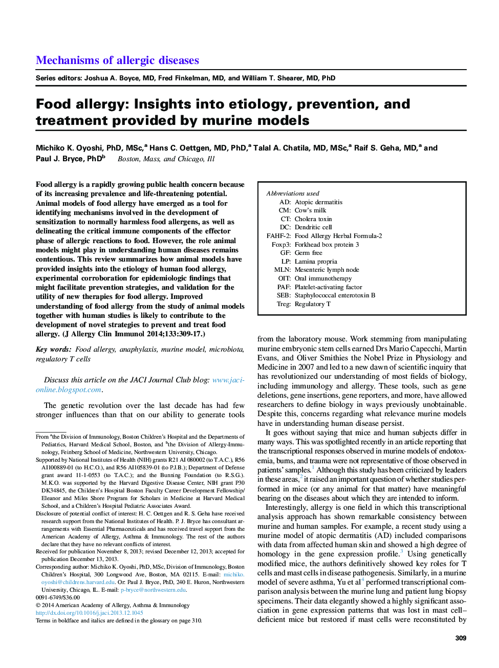 Food allergy: Insights into etiology, prevention, and treatment provided by murine models 