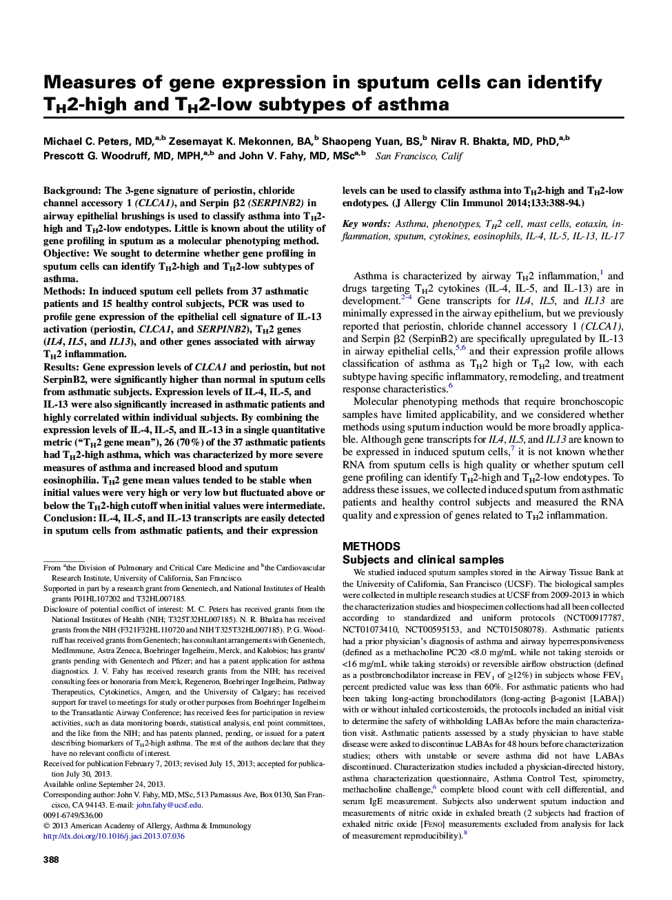 Measures of gene expression in sputum cells can identify TH2-high and TH2-low subtypes of asthma