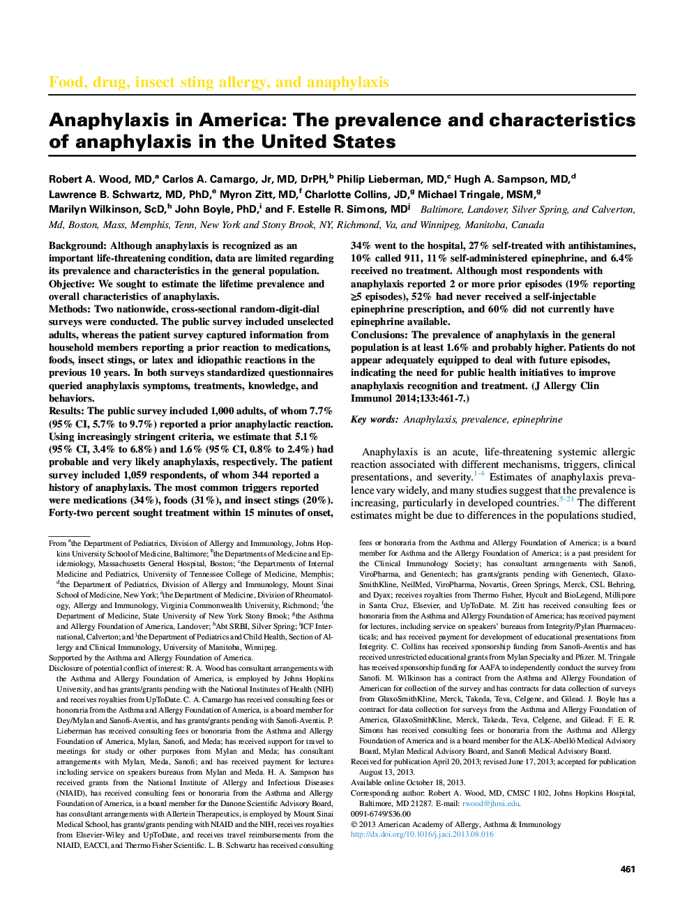 Anaphylaxis in America: The prevalence and characteristics of anaphylaxis in the United States 