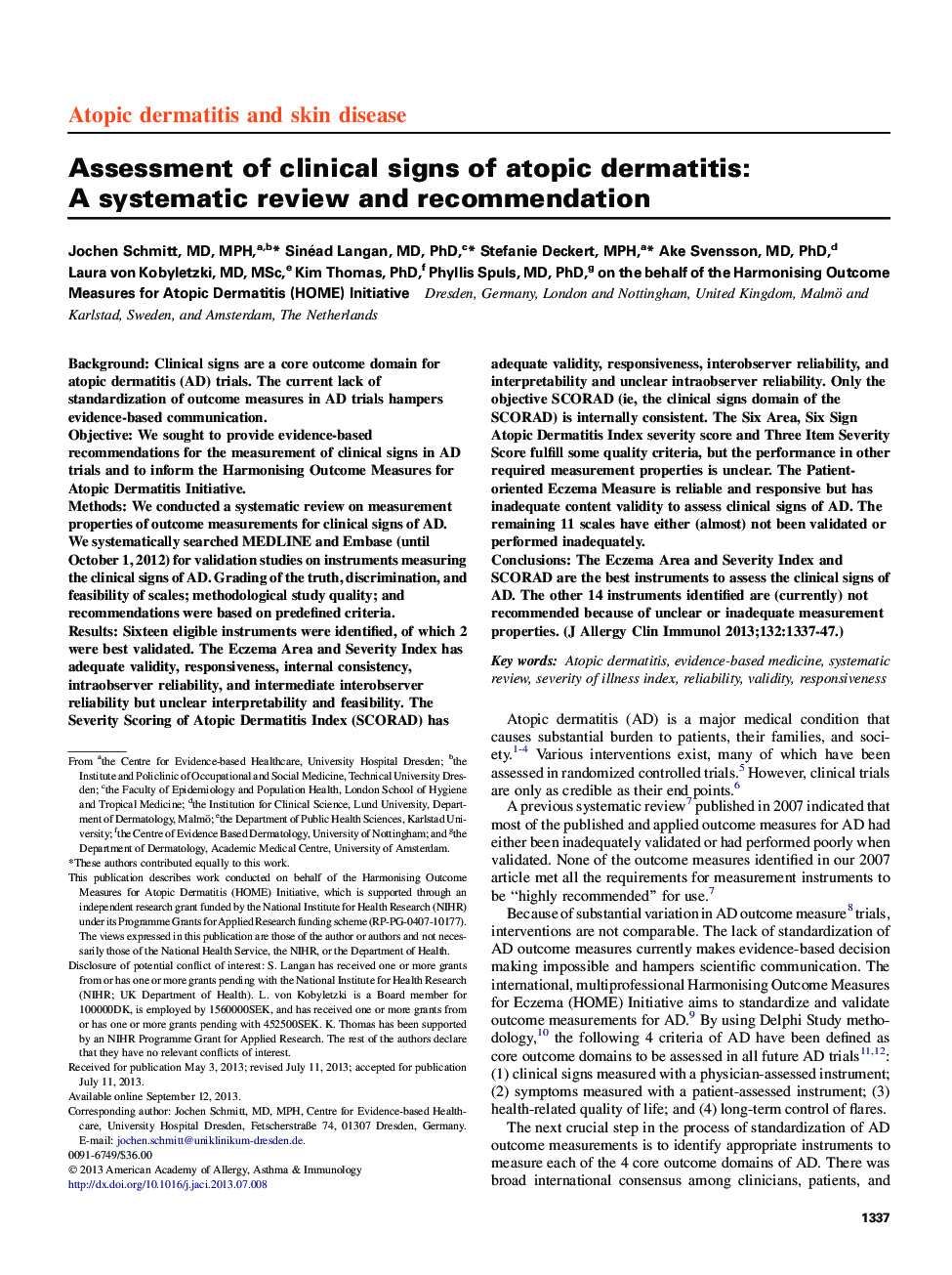 Assessment of clinical signs of atopic dermatitis: A systematic review and recommendation 