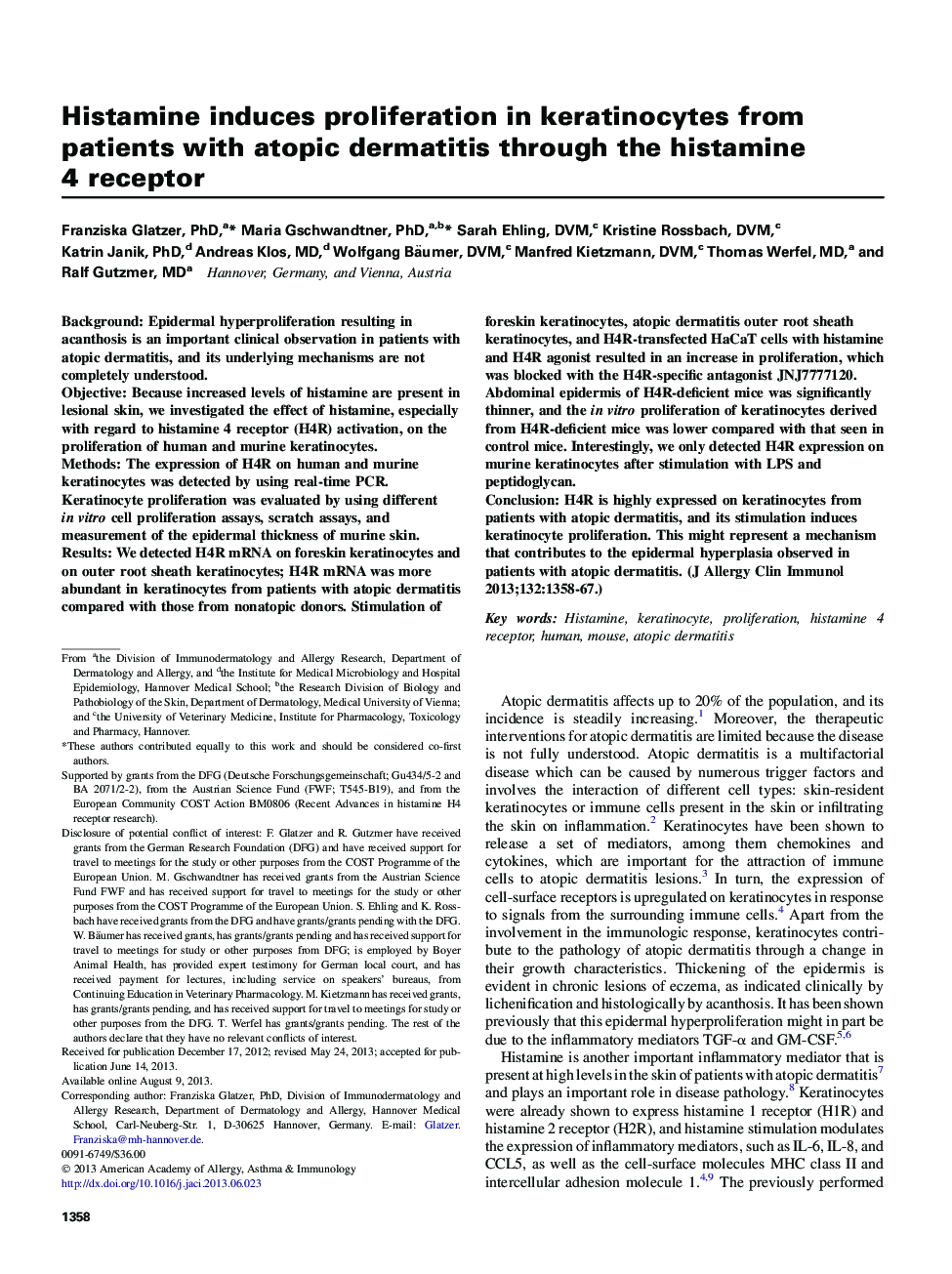 Histamine induces proliferation in keratinocytes from patients with atopic dermatitis through the histamine 4 receptor 