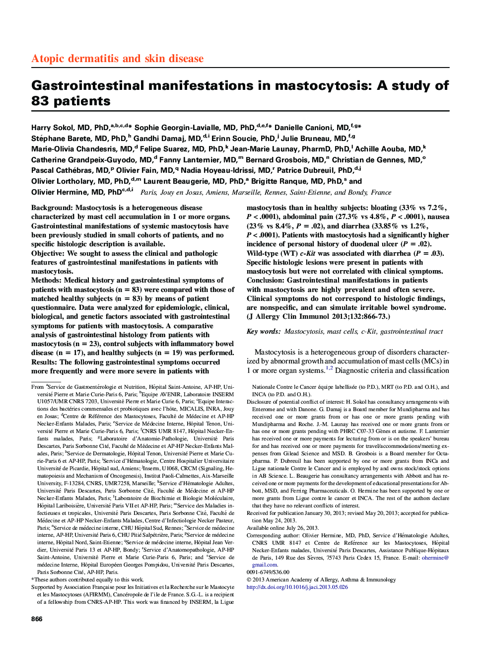 Gastrointestinal manifestations in mastocytosis: AÂ study of 83 patients