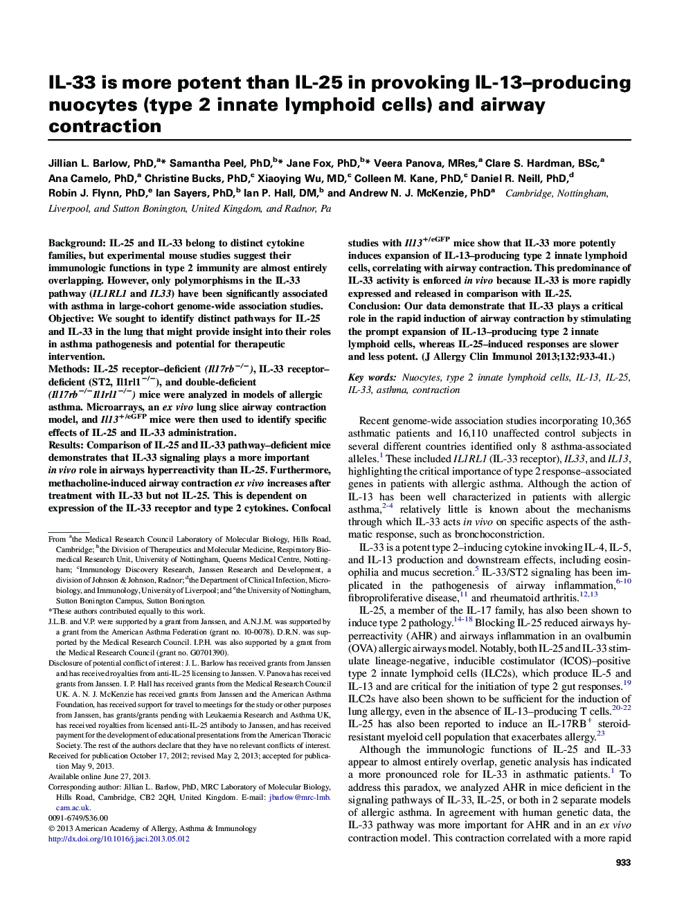 IL-33 is more potent than IL-25 in provoking IL-13–producing nuocytes (type 2 innate lymphoid cells) and airway contraction 