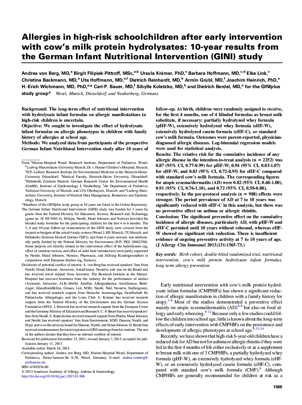 Allergies in high-risk schoolchildren after early intervention with cow's milk protein hydrolysates: 10-year results from the German Infant Nutritional Intervention (GINI) study