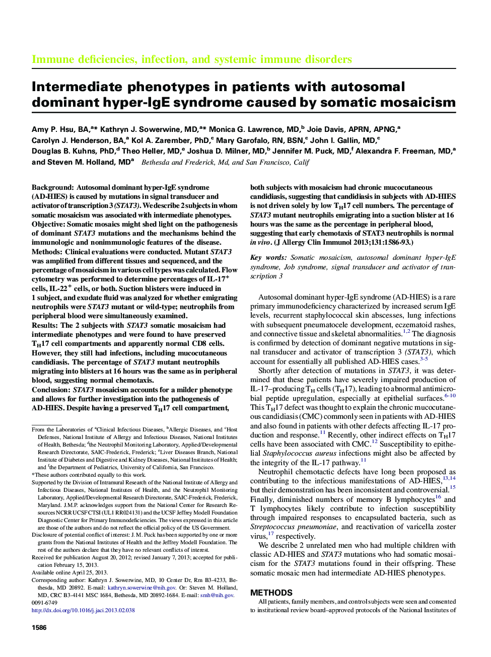 Intermediate phenotypes in patients with autosomal dominant hyper-IgE syndrome caused by somatic mosaicism 